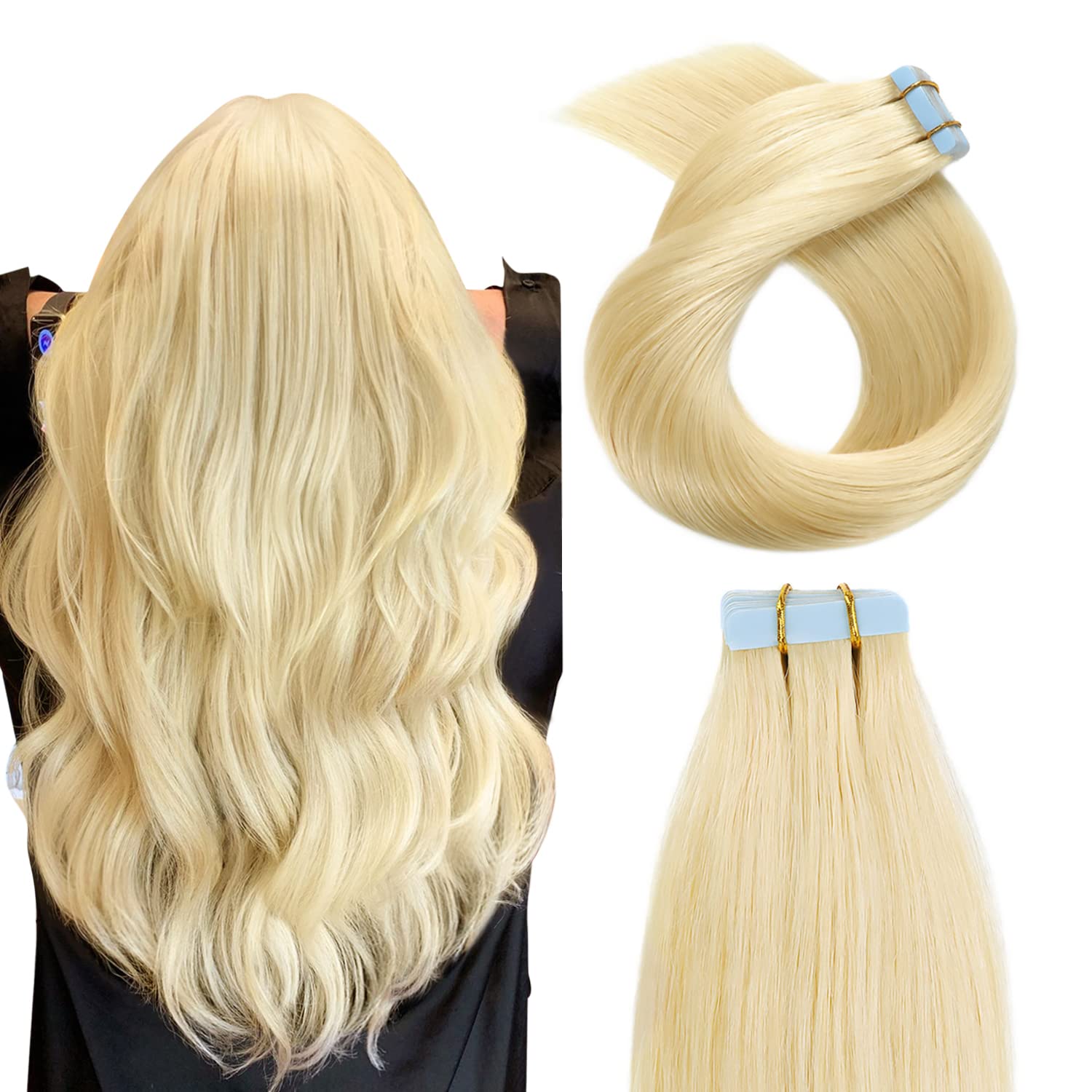 YILITE Tape in Hair Extensions Human Hair 12 inch-24 inch 20pcs 50g Silky Straight Tape in Human Hair Extensions Bleach Blonde Color Tape in Extensions
