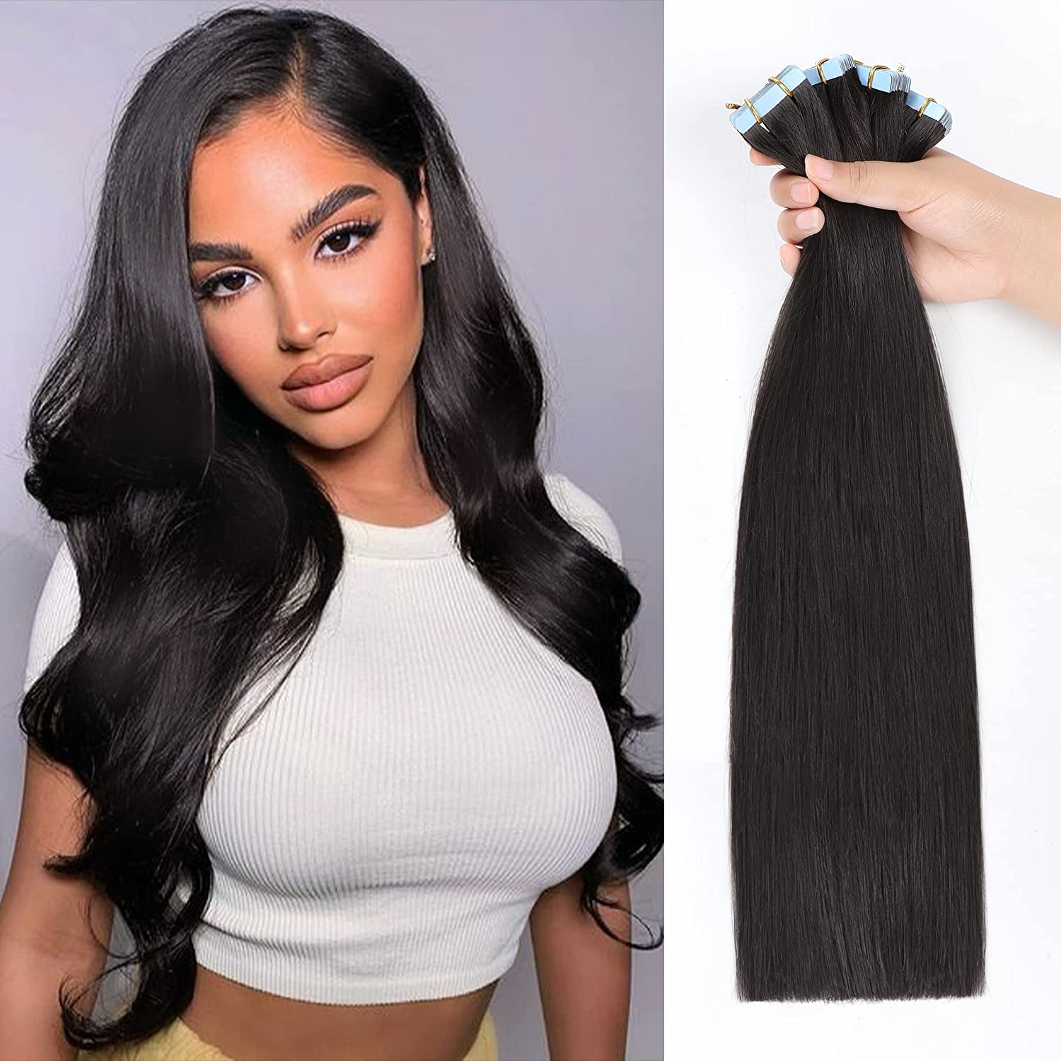 YILITE Tape in Hair Extensions Human Hair Straight Natural Black 100% Brazilian Remy Human Hair 12 inch-24inch 20pcs pack Seamless Skin Weft Tape in Extensions for White Women