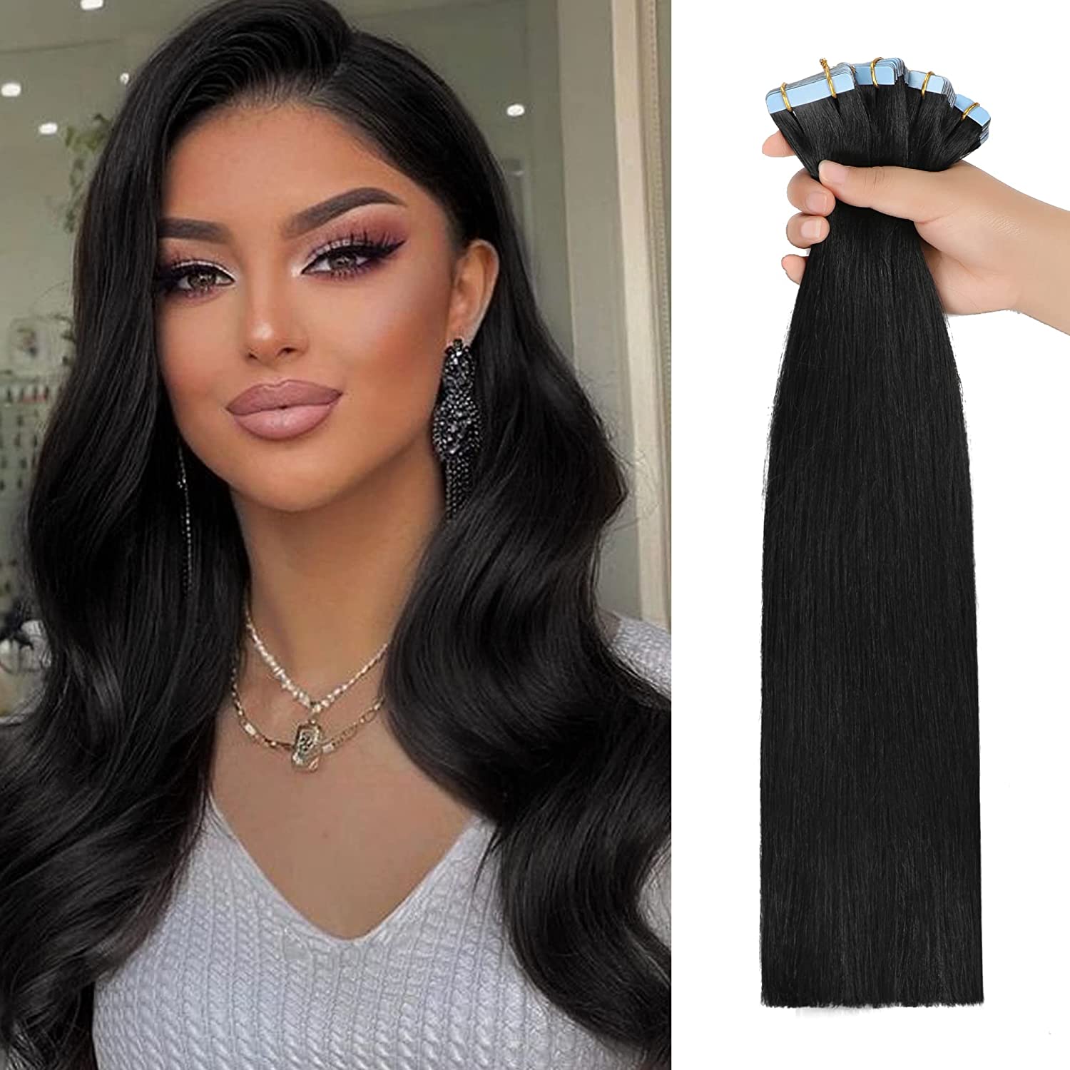 YILITE Tape in Hair Extensions Human Hair Jet Black 100% Remy Human Hair 12 inch-24inch 20pcs pack Seamless Skin Weft Tape in Extensions for White Women