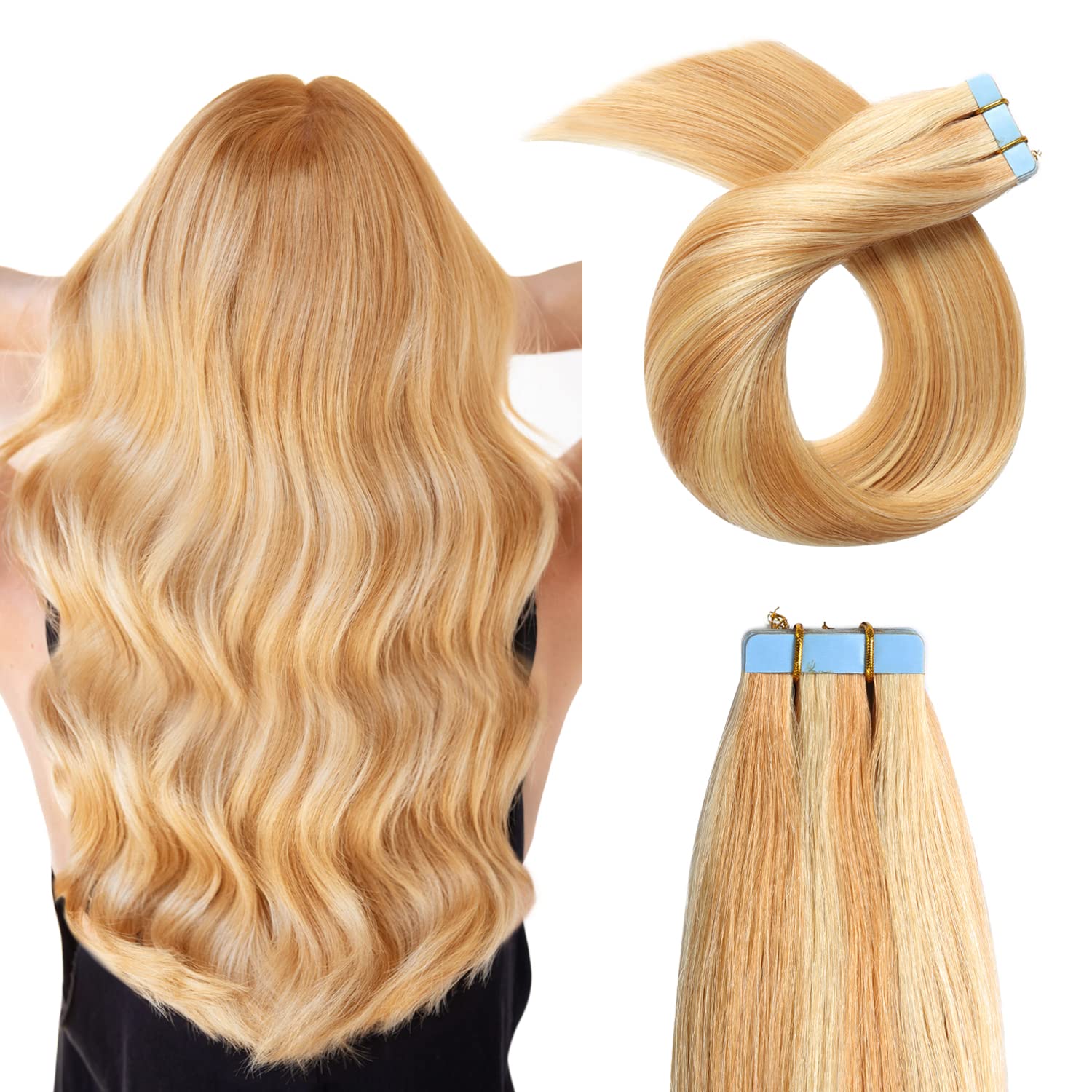 YILITE Tape in Human Hair Extensions Seamless Straight 12 inch - 20 inch 50g 20pcs Strawberry Blonde Highlighted Bleach Blonde Piano Color Tape in Hair Extensions