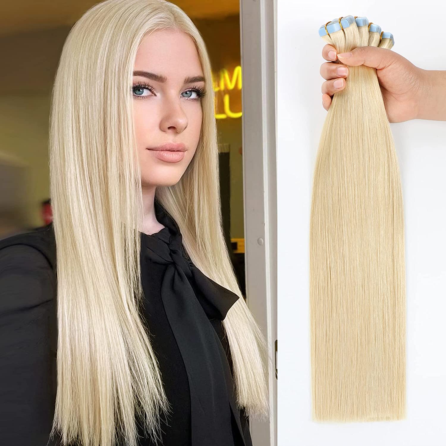 YILITE Hair Extensions Real Human Hair Bleach Blonde 100% Remy Human Hair 12 inch -24 inch 20pcs pack Straight Seamless Skin Weft Tape 