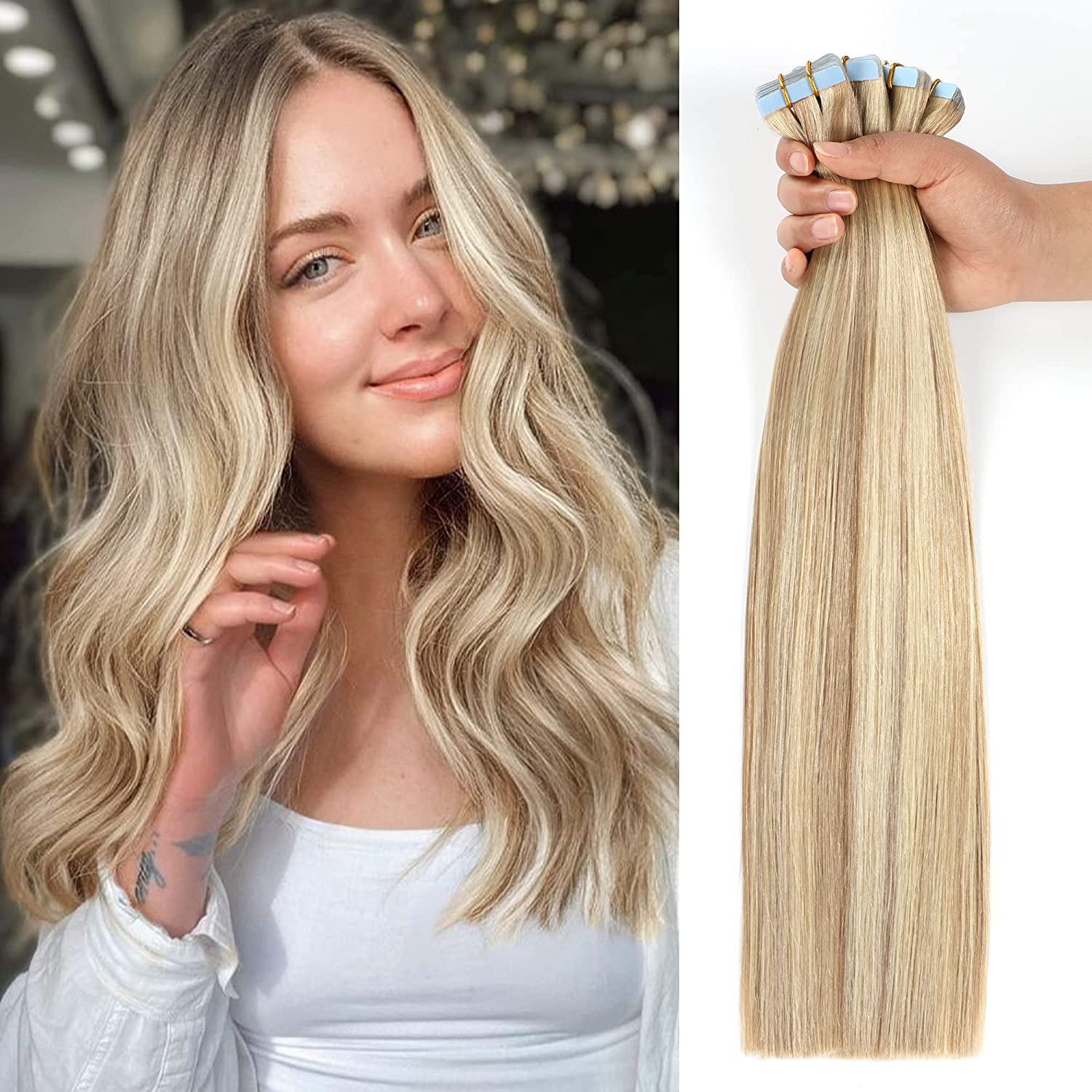 YILITE Tape in Hair Extensions Human Hair Ash Blonde Highlighted Bleach Blonde 14inch-20 inch 20pcs 50g/pack Straight Seamless Skin Weft 100% Real Human Hair