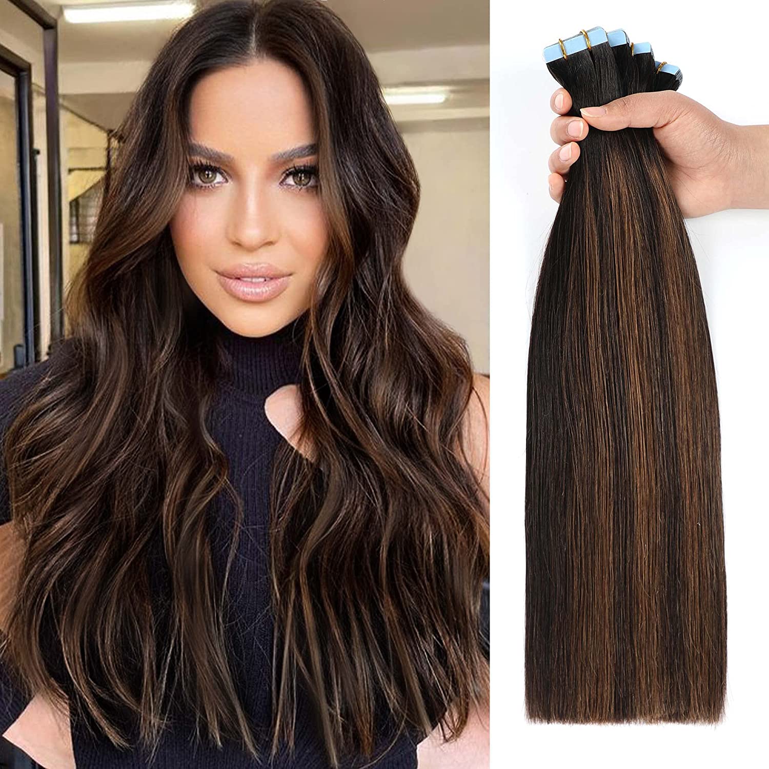 YILITE Tape in Hair Extensions Human Hair Straight Natural Black to Chestnut Brown 12 inch-24inch 20pcs pack Seamless Skin Weft Tape in Extensions for White Women