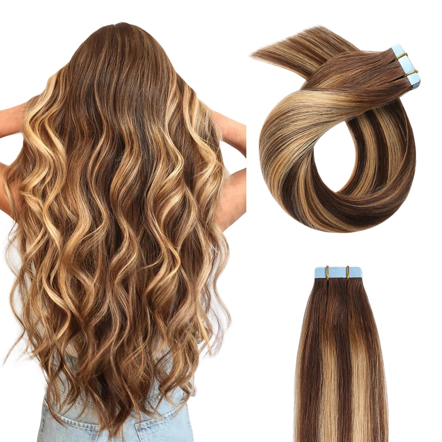 YILITE Tape in Hair Extensions Human Hair 12inch-24inch P4/27 with #4 Root 20PCS 50Gram Tape ins Balayage Dark Brown to Caramel Blonde Tape in Hair