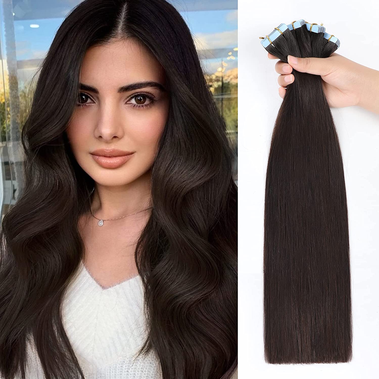 YILITE Tape in Hair Extensions Human Hair Straight Dark Brown 100% Brazilian Human Hair 12 inch-24inch 20pcs pack Seamless Skin Weft Tape in Extensions for White Women