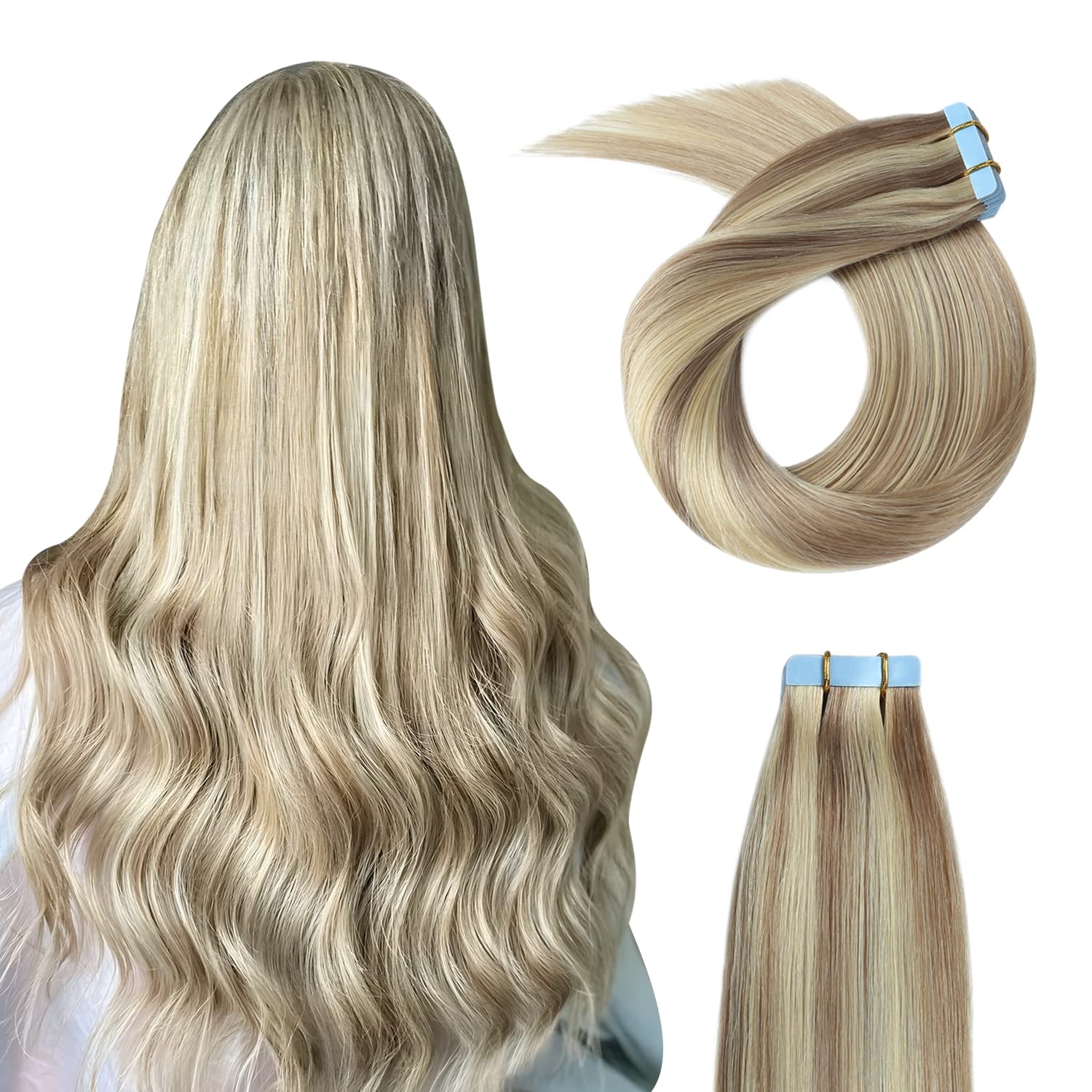 YILITE Tape in Hair Extensions Human Hair Invisible Seamless Tape in Human Hair Extensions Mixed Color Ash Blonde with Blonde 50 Gram Per Package Skin Weft 12 inch - 24 inch 20Pcs Remy Tape in Hair Extensions Human Hair