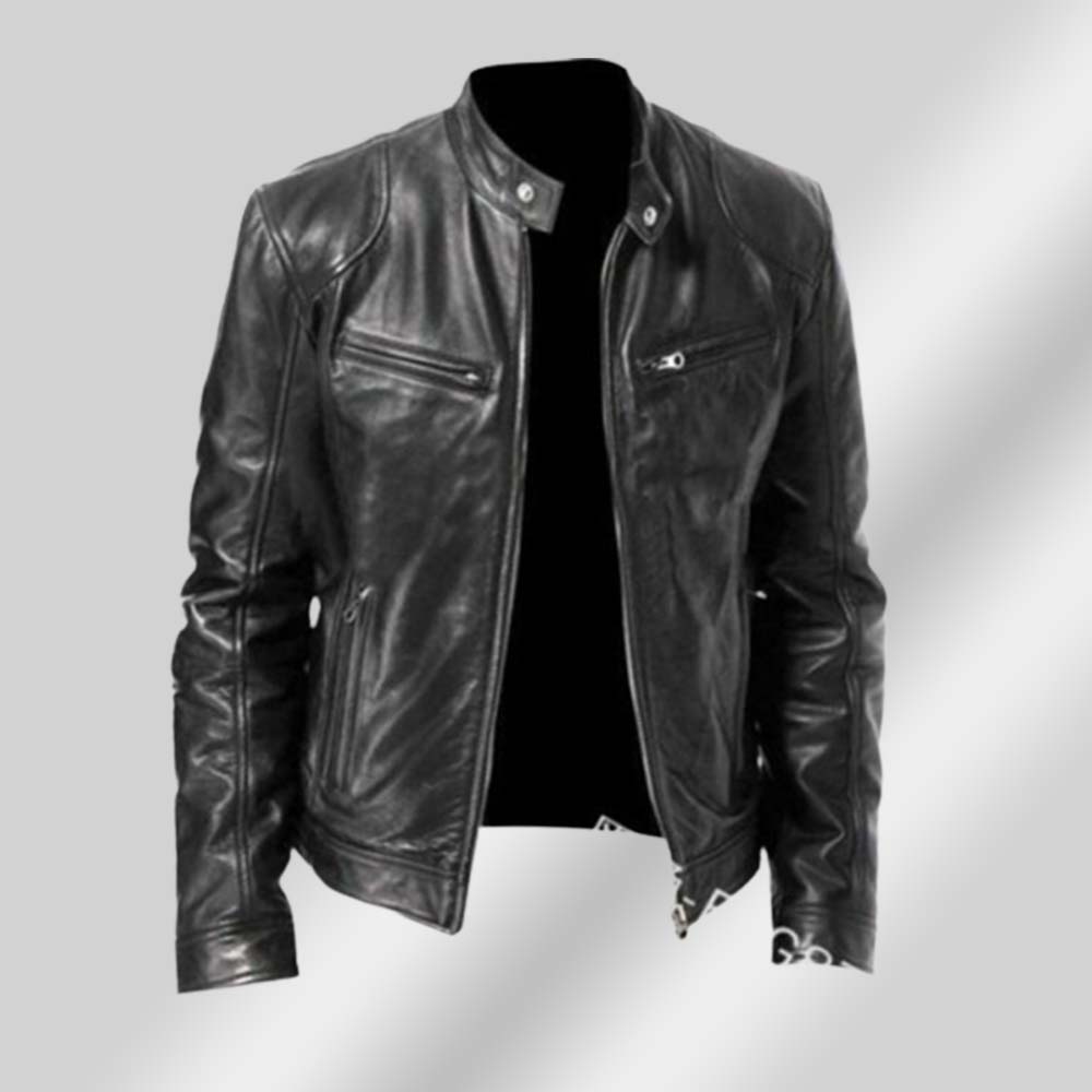 Figcoco New leather jacket with zipper and standup collar for men