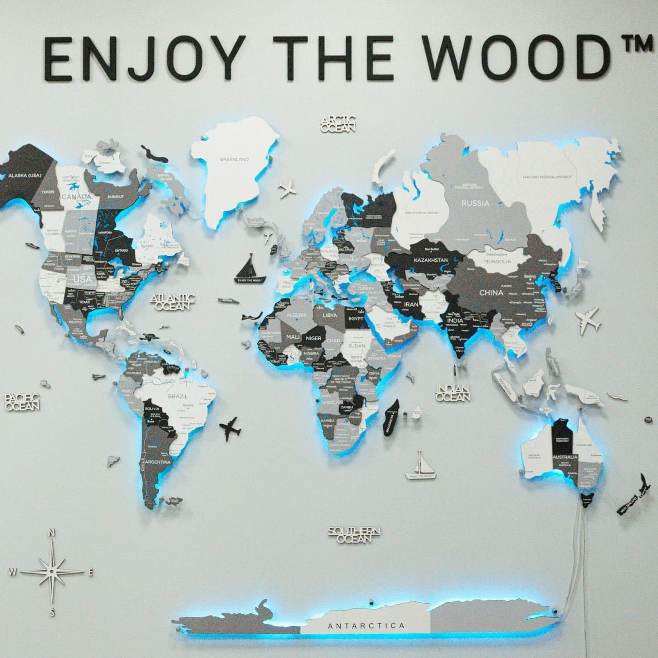 3D LED Wooden World Map Nordik