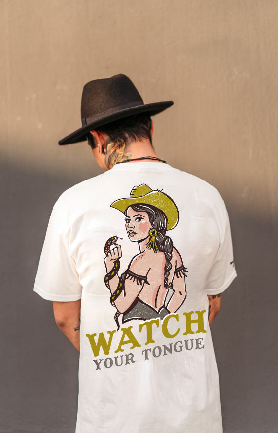 Tattoo inspired clothing: Watch Your Tongue Cowgirl T-shirt-Wawl Soul