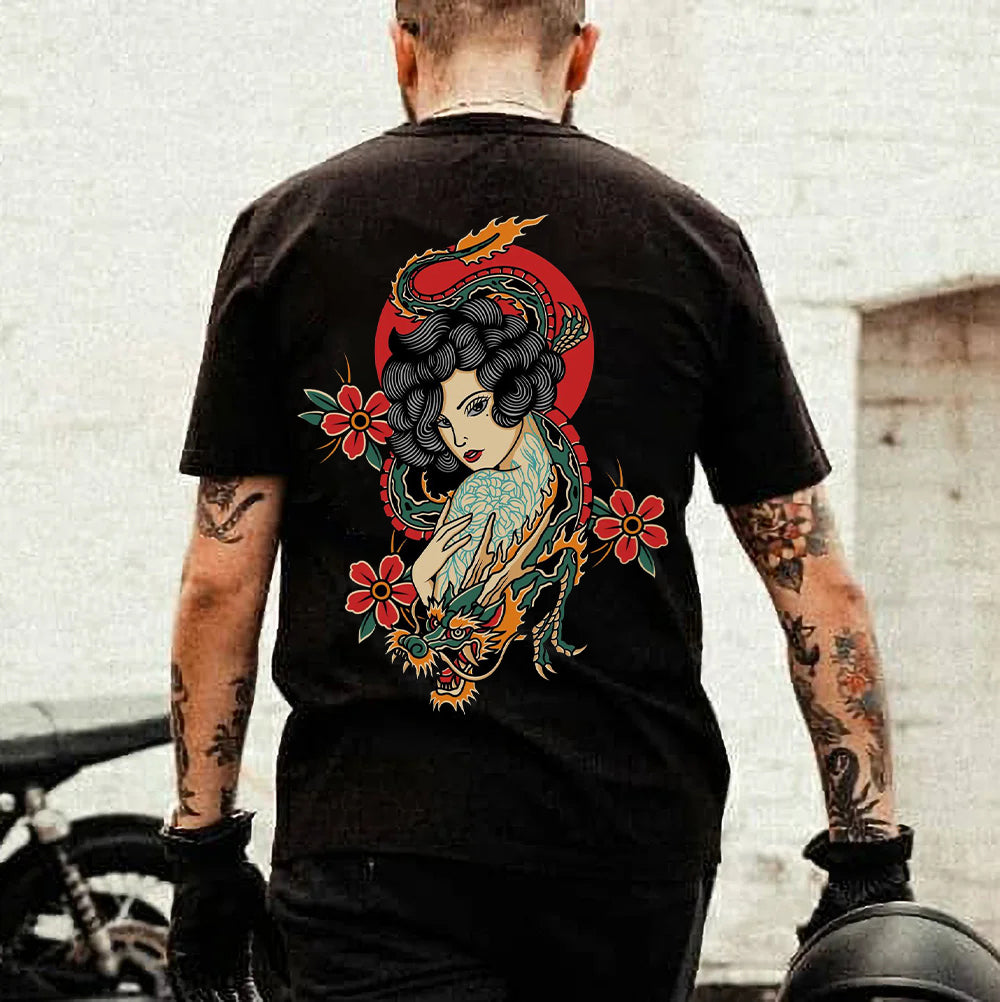 Tattoo inspired clothing: Dragon And Beauty T-shirt-Wawl Soul