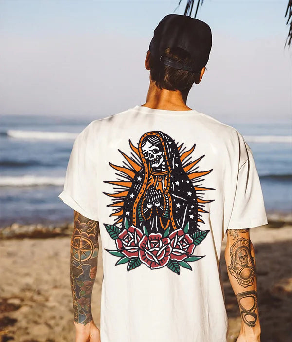 Tattoo inspired clothing: Praying Skeleton With Roses T-shirt-Wawl Soul
