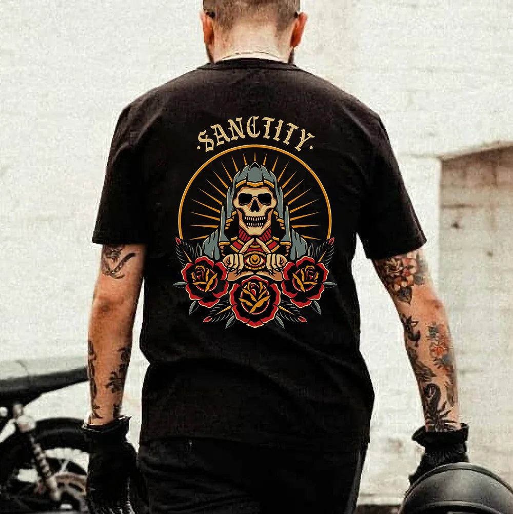 Tattoo inspired clothing: Sanctity Skull & Roses T-shirt-Wawl Soul
