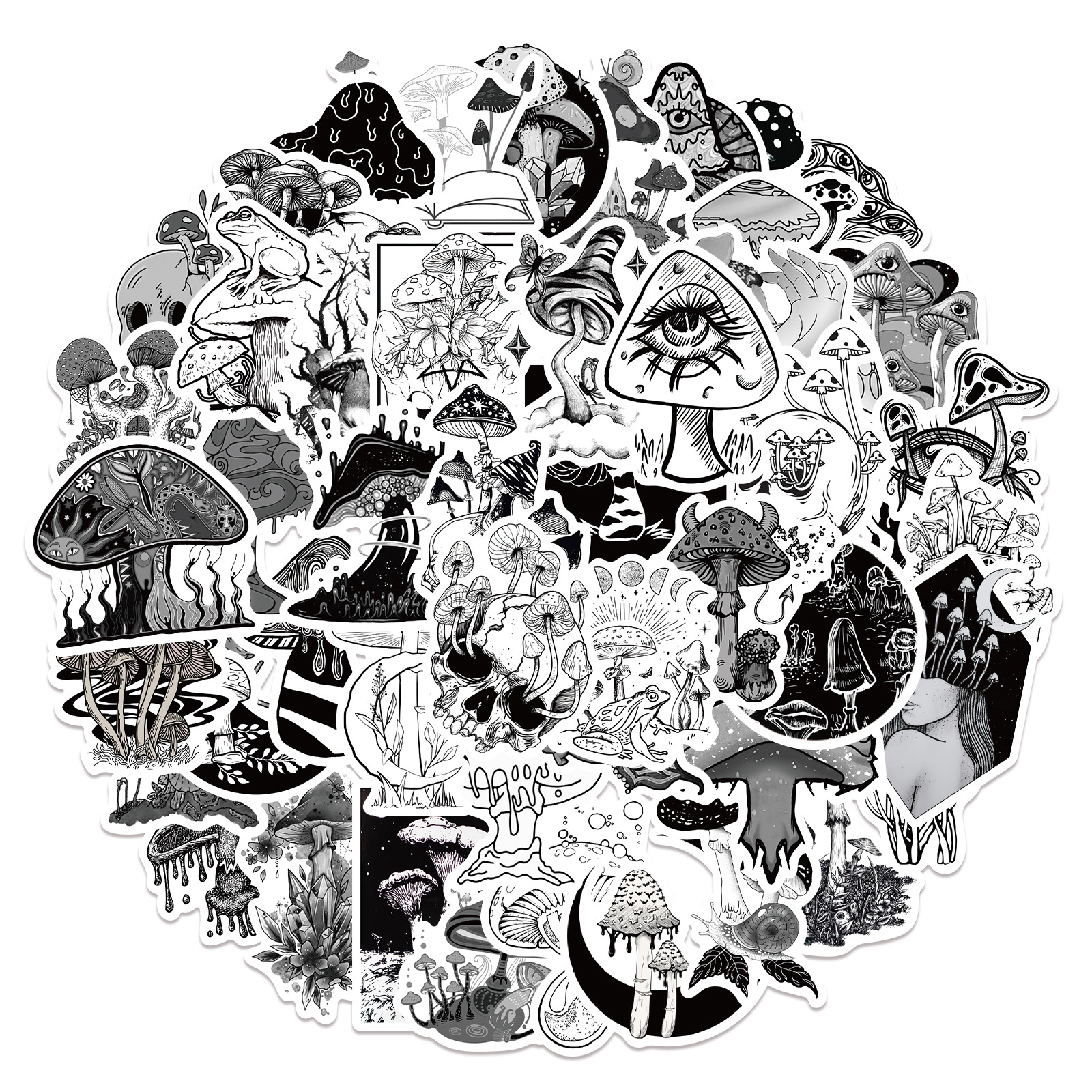 Tattoo inspired clothing: Black & White Mushroom Sticker Pack -Wawl Soul