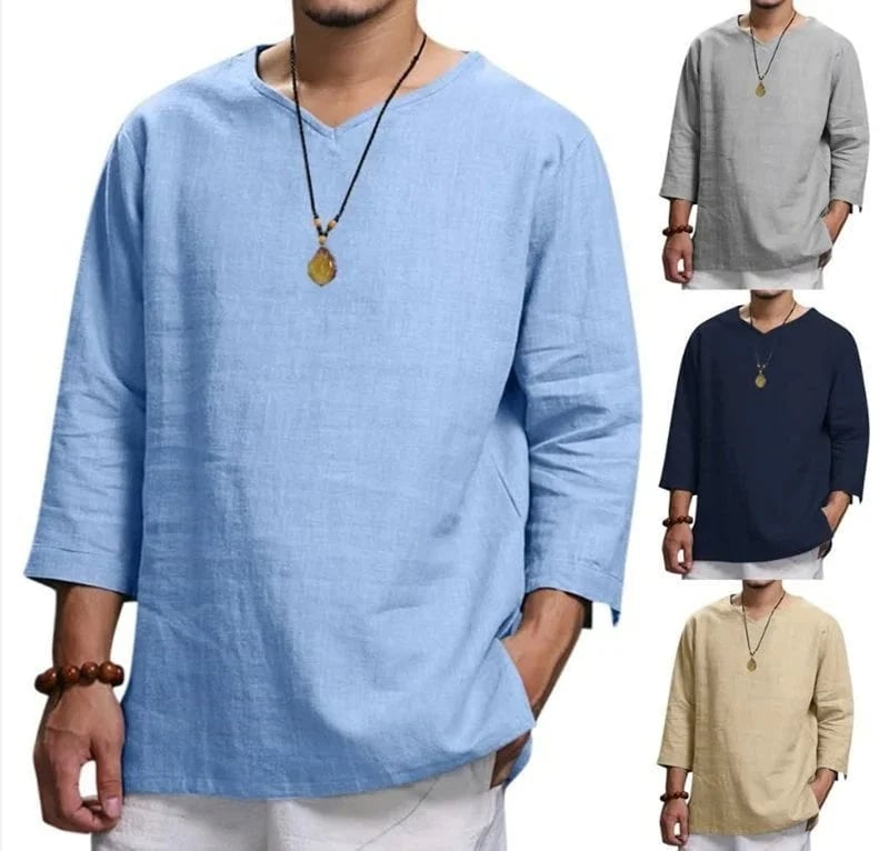 Men's Long-sleeved V-neck Linen Loose Shirt-hvasee
