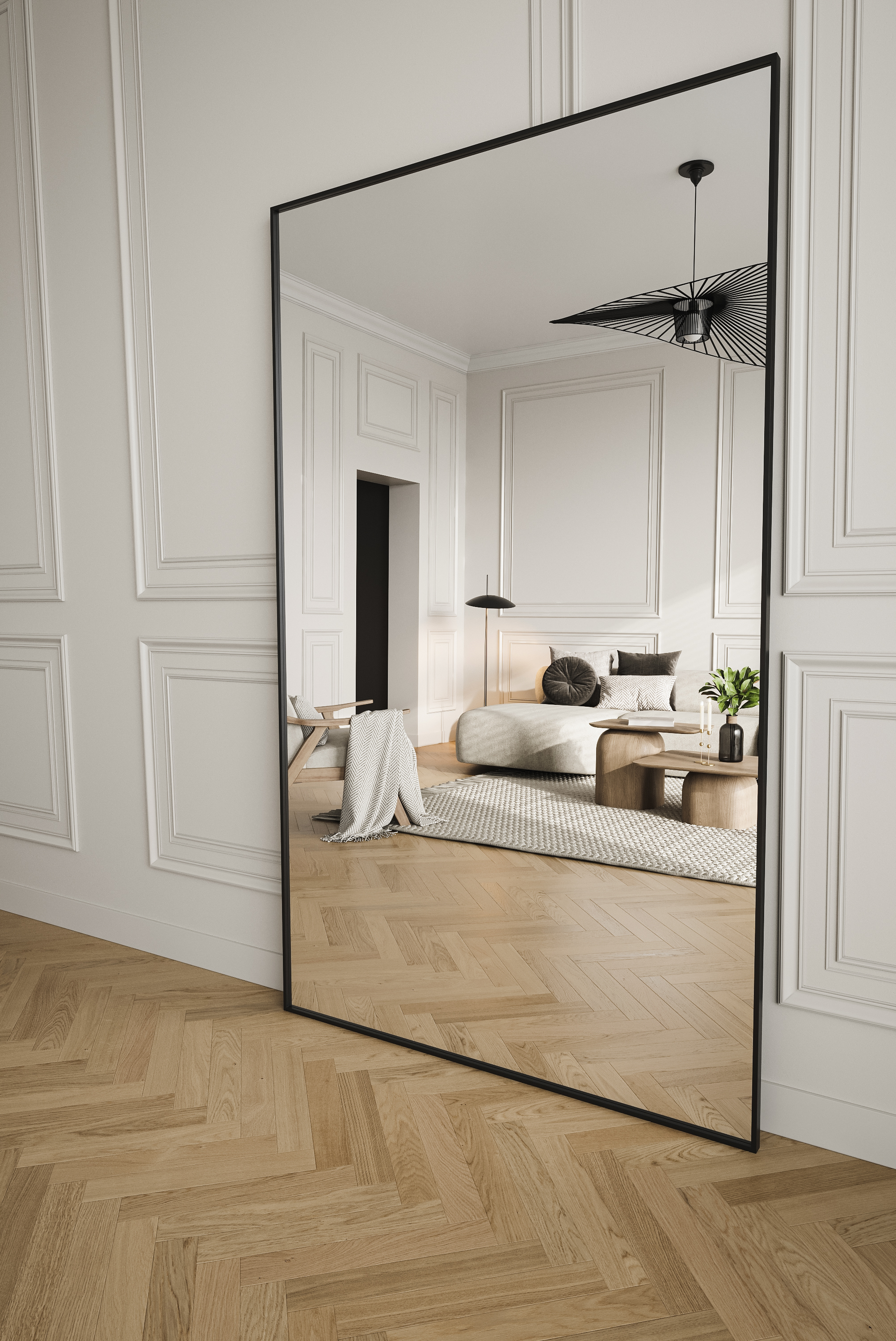 full length mirror, floor standing wide mirror with black frame