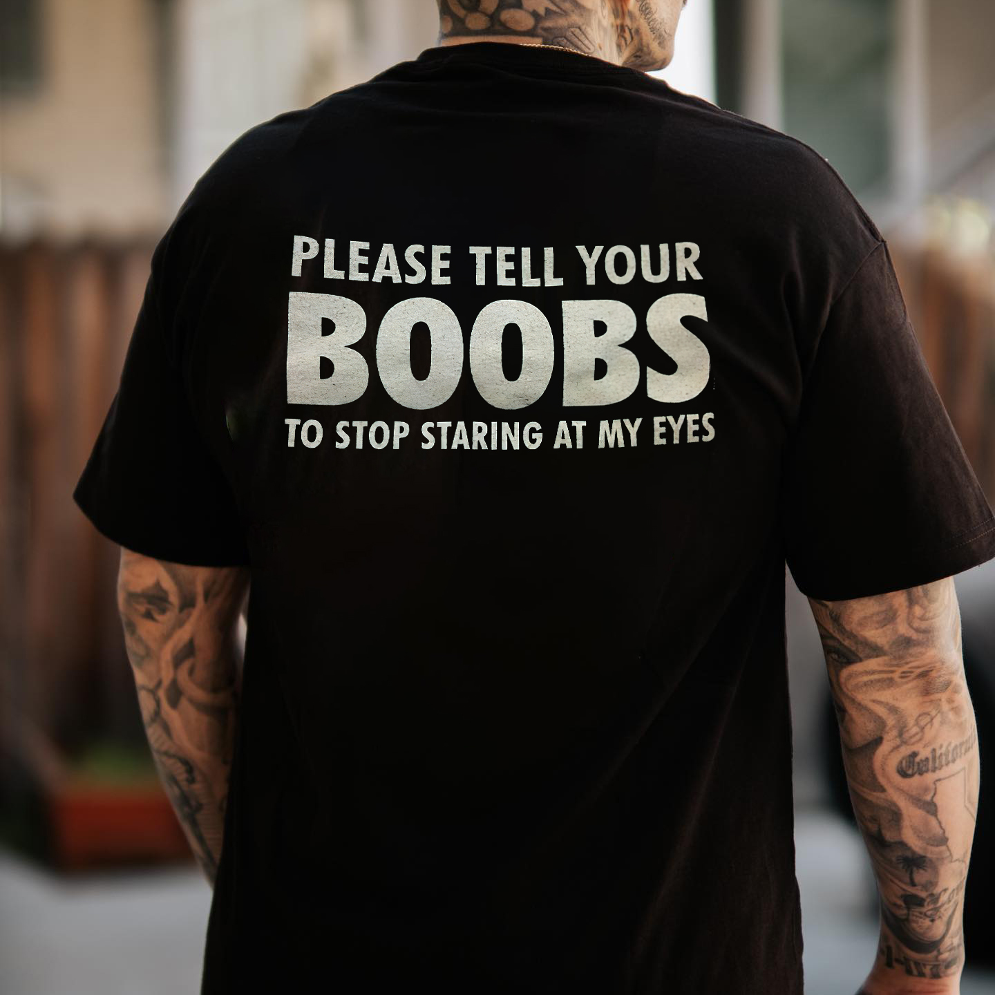 Please Tell Your Boobs To Stop Staring At My Eyes Print Men's T-shirt