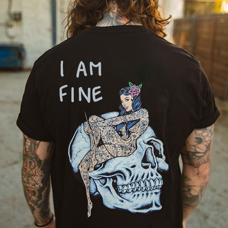I Am Fine Skull Print Men's Casual Black T-shirt