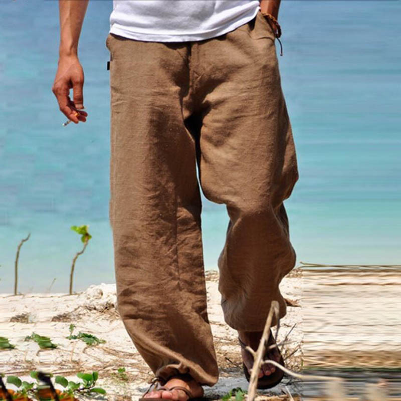 Cotton and linen elastic waist comfortable casual pants-Forestso