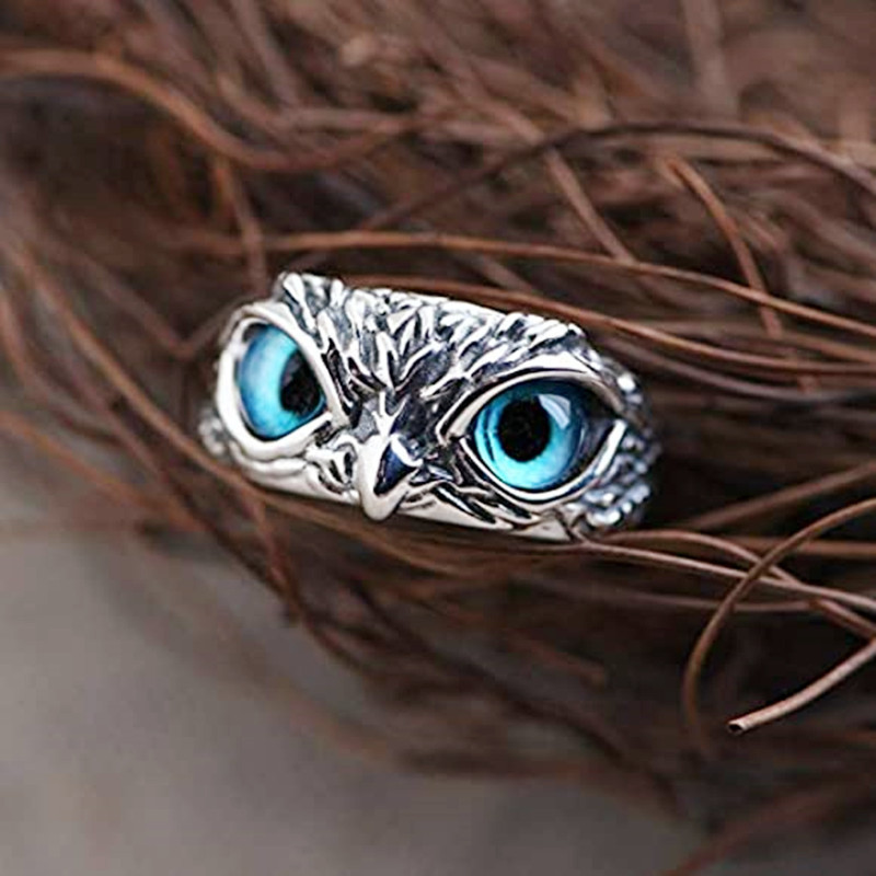 Blue eyes owl alloy ladies all-match rings-Forestso