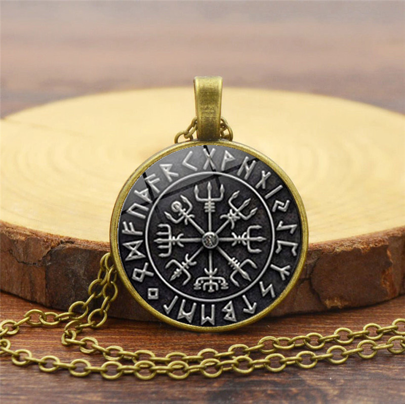 Viking Odin Logo Compass Time Gemstone Necklace Sweater Chain-Forestso