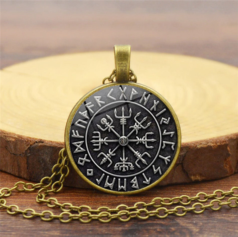 Viking Odin Logo Compass Time Gemstone Necklace Sweater Chain-Forestso