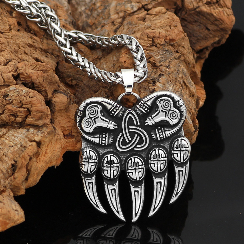 Viking Bear Paw Vintage Stainless Steel Odin Logo  Men's Necklace-Forestso