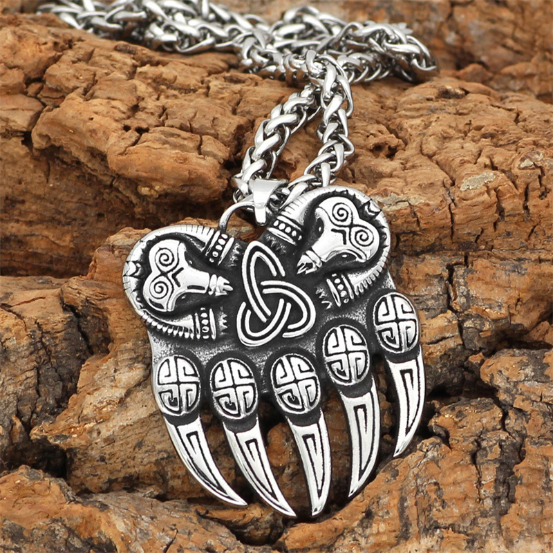 Viking Bear Paw Vintage Stainless Steel Odin Logo  Men's Necklace-Forestso