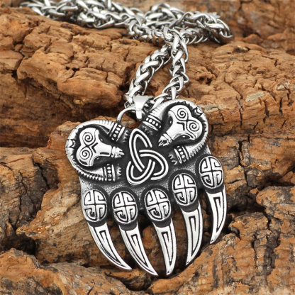 Viking Bear Paw Vintage Stainless Steel Odin Logo  Men's Necklace-Forestso