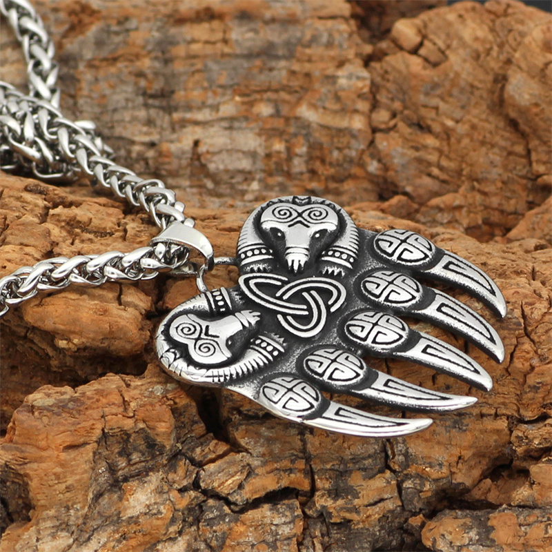 Viking Bear Paw Vintage Stainless Steel Odin Logo  Men's Necklace-Forestso