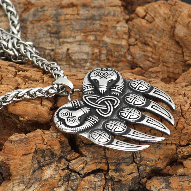 Viking Bear Paw Vintage Stainless Steel Odin Logo  Men's Necklace-Forestso