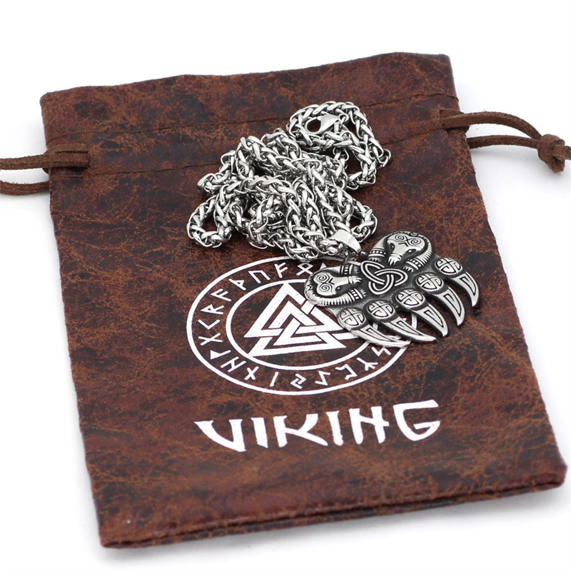 Viking Bear Paw Vintage Stainless Steel Odin Logo  Men's Necklace-Forestso