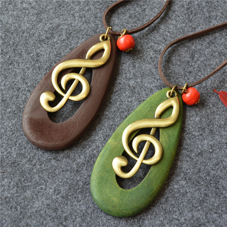 Oval Water Drop Wooden Big Note Long Necklace-Forestso