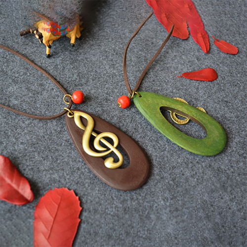 Oval Water Drop Wooden Big Note Long Necklace-Forestso