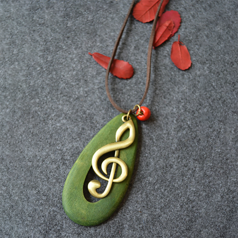 Oval Water Drop Wooden Big Note Long Necklace-Forestso