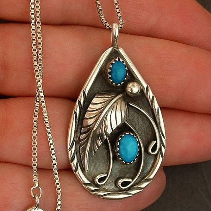 Water Drop Shape Carving Pendant Retro Turquoise Necklace-Forestso