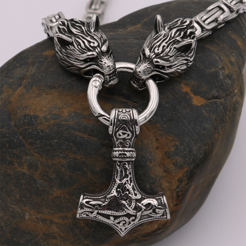 Viking Odin Celtic Wolf Head Pendant Men's Necklace-Forestso