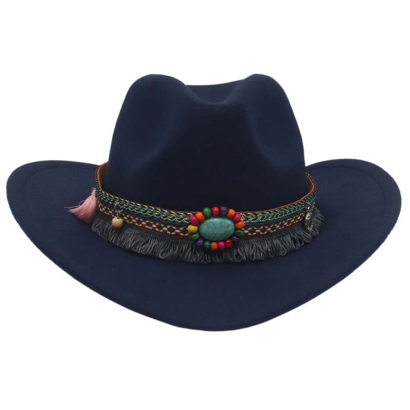 Jeweled Western Cowboy Ethnic Felt Tweed Jazz Hat-Forestso