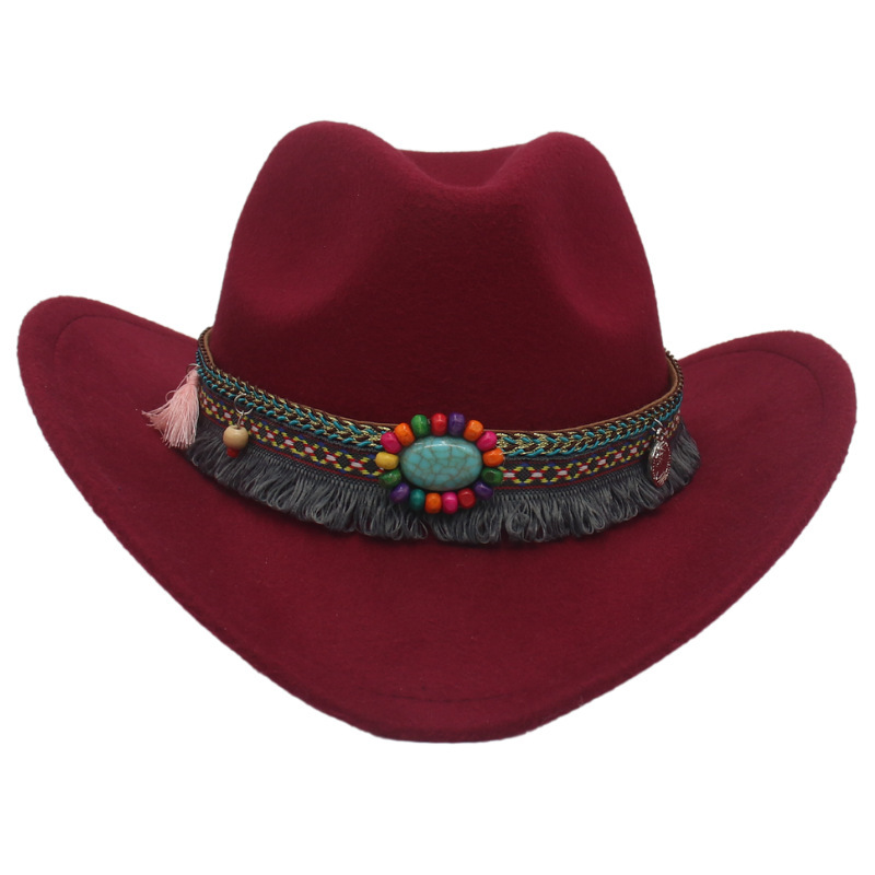 Jeweled Western Cowboy Ethnic Felt Tweed Jazz Hat-Forestso