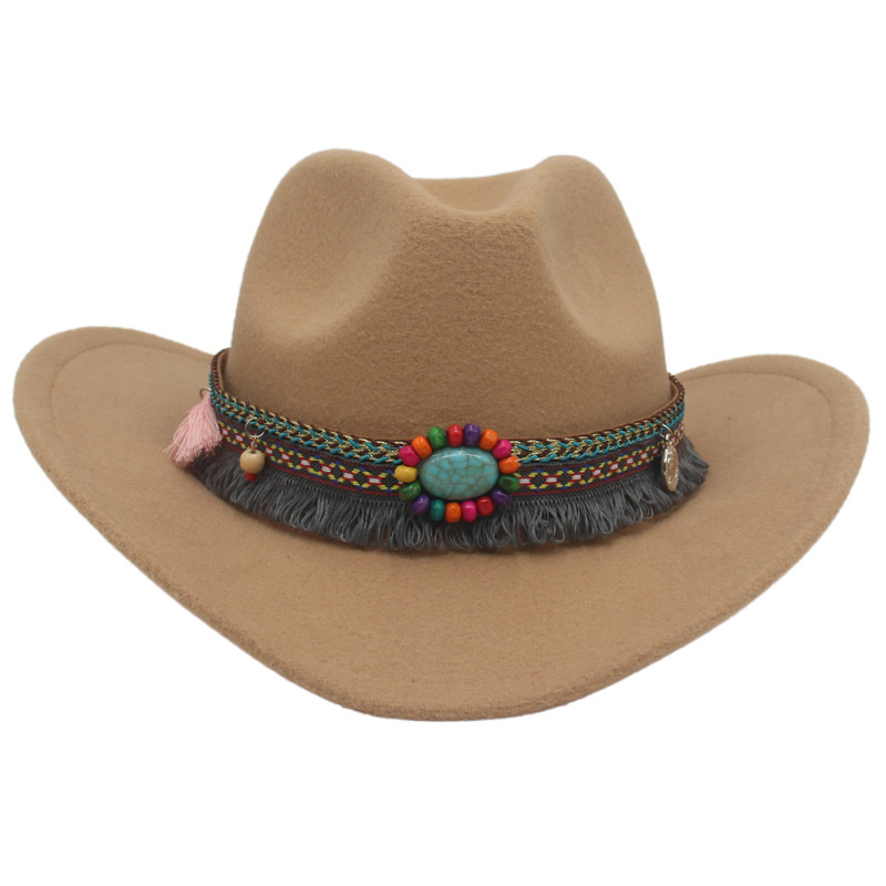 Jeweled Western Cowboy Ethnic Felt Tweed Jazz Hat-Forestso