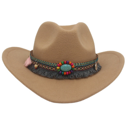 Jeweled Western Cowboy Ethnic Felt Tweed Jazz Hat-Forestso