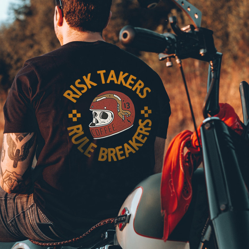  Risk Takers Rule Breakers Skull Helmet Printed T-shirt-Ranbybox