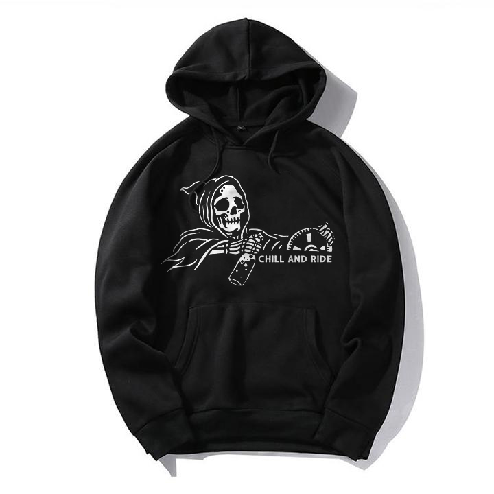  Fashion Chill And Ride Skull Drinking Printed Hoodie
