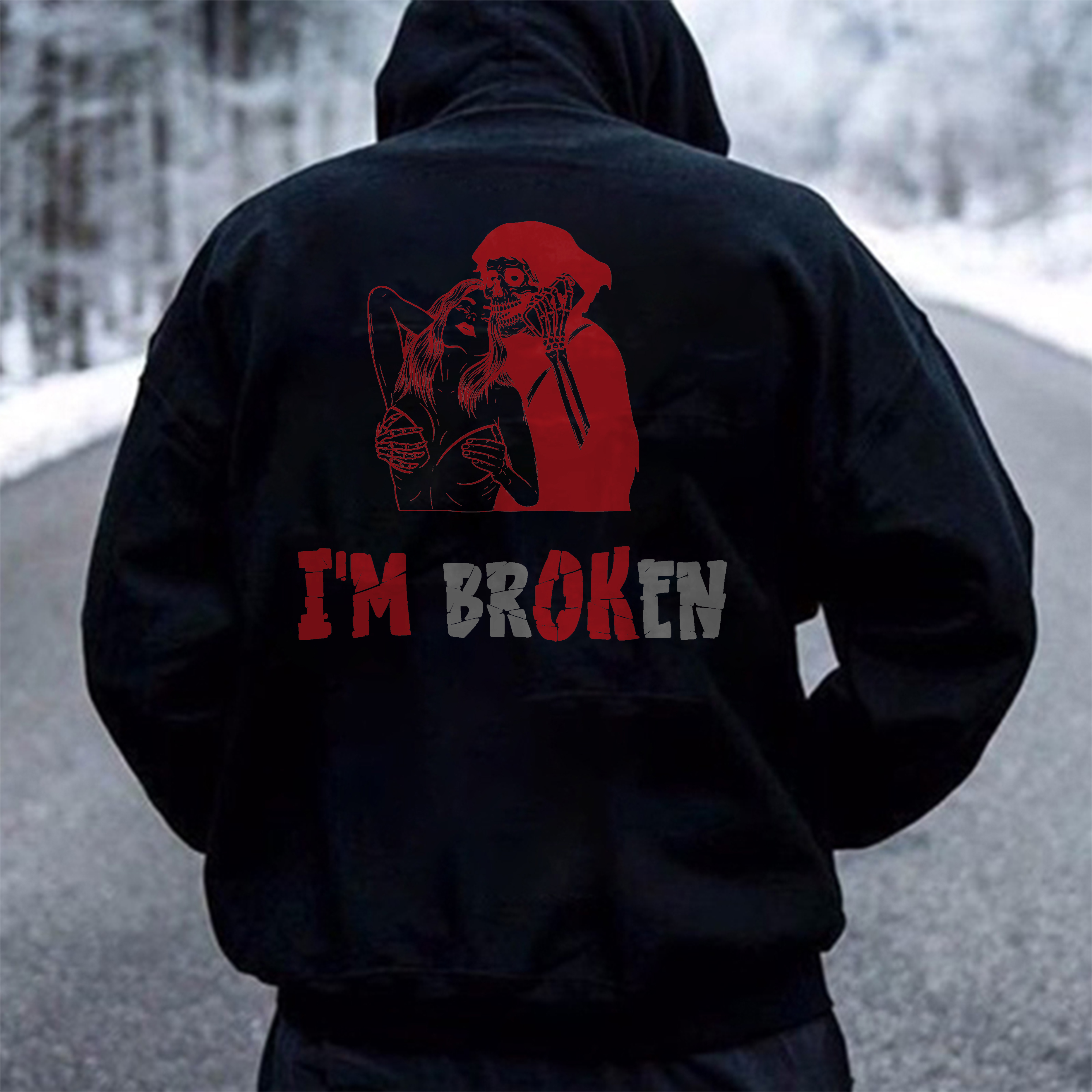 I'm Broken Letters Skull Prining Casual Hoodie-Ranbybox