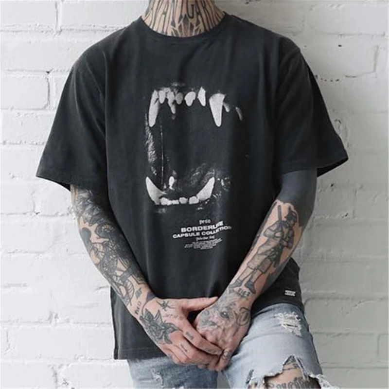 Beast teeth print black t-shirt-Ranbybox