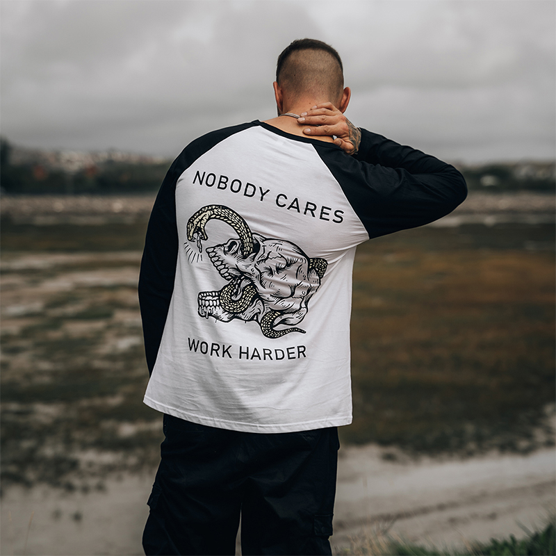  Nobody Cares Work Harder Snake Through Skull Printed Men's Long-sleeved T-shirt-Ranbybox