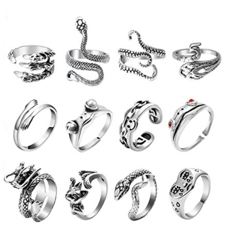 Punk Snake Animal Skull Open Ring Set