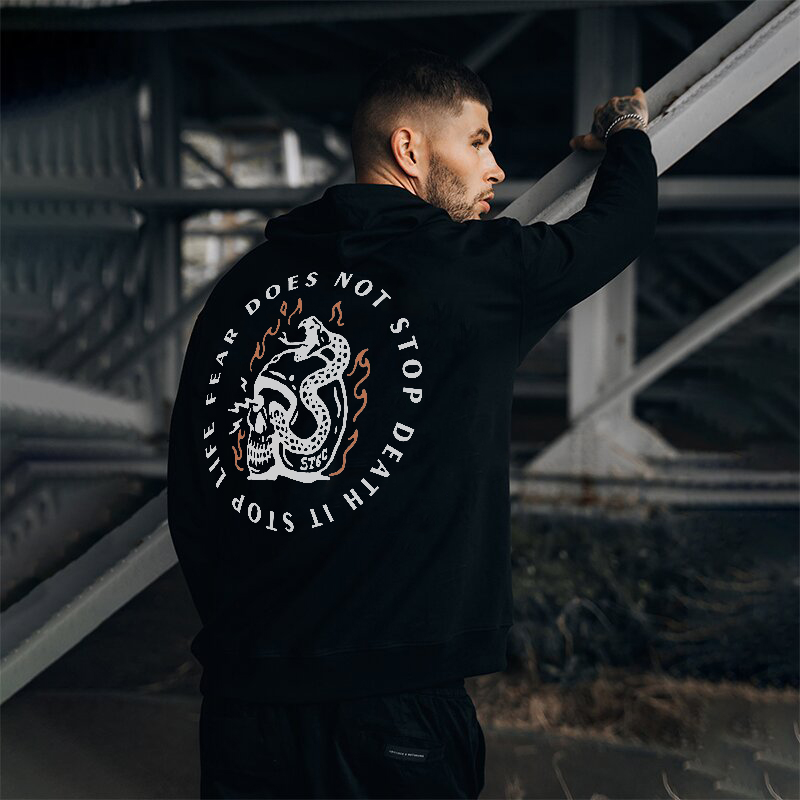  It Stop Life Fear Does Not Stop Death Skull Snake Printed Hoodie-Ranbybox