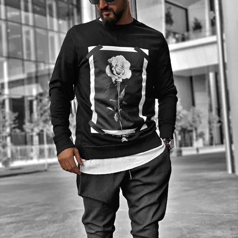  Vintage rose printed round collar sweatshirt-Ranbybox