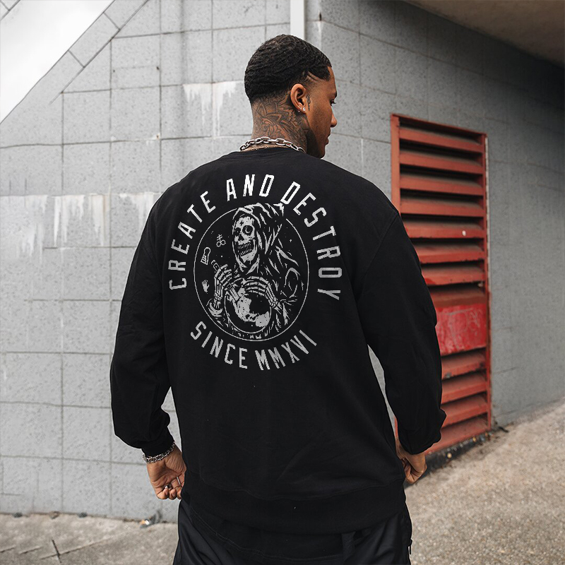  Create And Destroy Evil Skeleton Printed Crew Neck Sweatshirt-Ranbybox