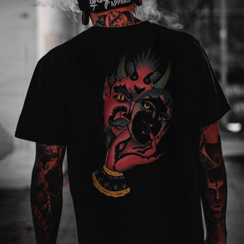 Devil face print loose T-shirt designer-Ranbybox